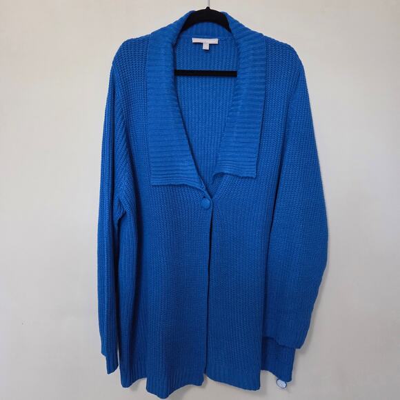 NWOT Woman Within 2X (26-28) 1 Button Long Sleeve Knit Cardigan Collared Blue - Picture 1 of 14